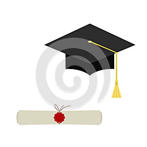 Black graduation cap and diploma scroll web icon isolated on