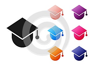 Black Graduation cap on globe icon isolated on white background. World education symbol. Online learning or e-learning