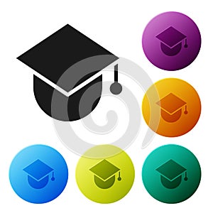 Black Graduation cap on globe icon isolated on white background. World education symbol. Online learning or e-learning
