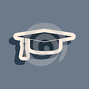 Black Graduation cap icon isolated on grey background. Graduation hat with tassel icon. Long shadow style. Vector