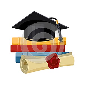 A black graduation cap over a stack of books and a papyrus certificate with a wax seal. Education concept. Illustration, icon