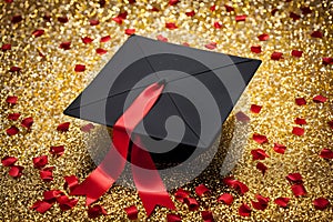 A black graduation cap with a red ribbon on a glittery gold background, symbolizing academic success