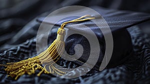 A black graduation cap with a tassel hanging from it, symbolizing academic achievement, accomplishments AI Generated