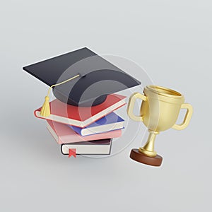 Black graduation hat on stack of books and golden trophy. Education concept. 3d render