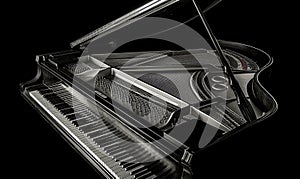 Black grand piano, close-up. Black and white photo