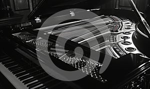 Black grand piano, close-up. Black and white photo