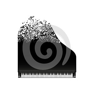 Black grand piano with flying notes, top view