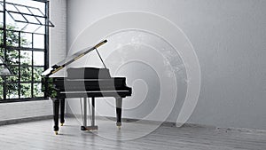 Black grand piano near white wall in empty room. 3d rendering