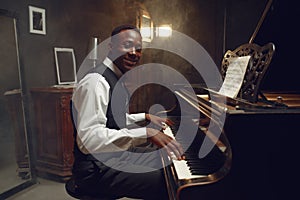 Black grand piano player, jazz performance