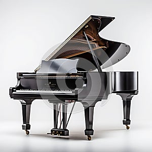 A black grand piano with a white background, a symphony of elegance