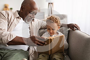 Black Grandfather And Grandson Reading A Book Together At Home