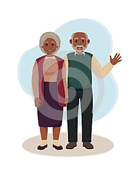 Black grandparents standing together. Vector illustration of happy grandmother and grandfather. Elderly couple waving