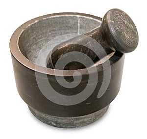 Black granite mortar and pestle on white background