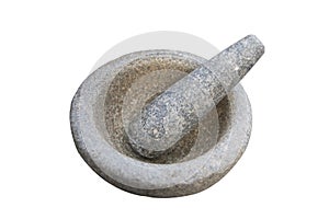 Black granite mortar and pestle on white background