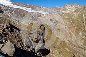 Black granite rocks landscape around Mount Elbrus acclimatization trail, Russia