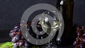 Black grapes, a glass of white wine and a bottle of wine