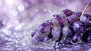 Black Grapes Splashing in Water Against a Light Purple Backdrop. Juicy Delight. Black Grapes Background