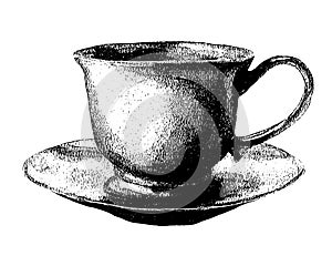 Black graphic textured tea cup and saucer. Refined porcelain mug and plate. Vector illustration Suitable for tea, coffee