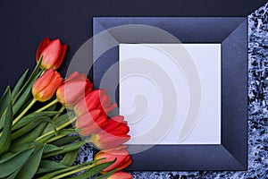 On a black and gray background, red tulips on the left side, black frame with a white background