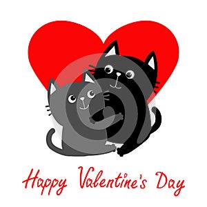 Black Gray Cat hugging couple family. Hug, embrace, cuddle. Red heart. Cute funny cartoon character. Happy Valentines day Greeting