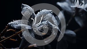 Black And Gray Flowers With Drops: Realistic Still Lifes With Dramatic Lighting