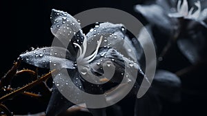 Black And Gray Flowers With Drops: Realistic Still Lifes With Dramatic Lighting photo