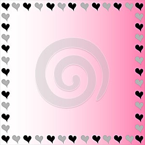 Black and gray hearts border in pinkish background