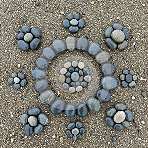 Black and gray stones arranged in a circular geometric pattern on sandy