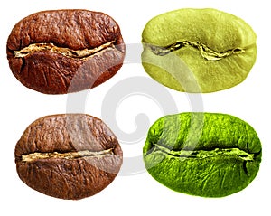 Black and green arabica, robusta coffee bean