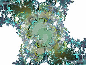 Green white gold flowery fractal, fractal fantasy shapes contrasts lights, sparkling petals, fractal, abstract background