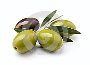 Black and green olives with leaves isolated on a white background