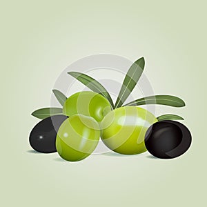 Black and green olives with leaves on olive colored background