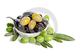 Black and green olives mixed in the porcelain bowl