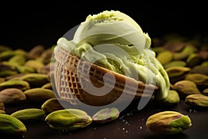 Black and Green Treat: An exquisite treat in black and green a scoop of pistachio ice cream on a stylish black surface