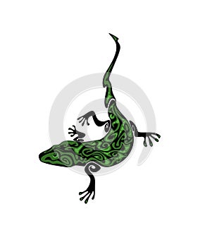 Black green vintage gecko tattoo isolated on white background