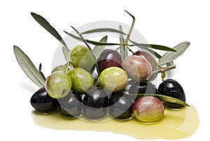 Black and greenolives on olive oil.