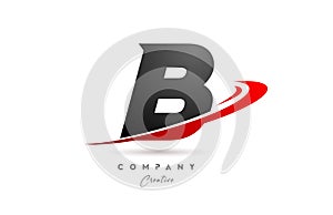 black grey B alphabet letter logo icon design with red swoosh. Creative template for company and business