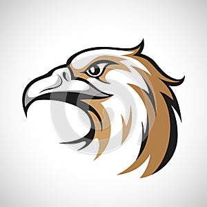 Black, grey and brown eagle head logotype on white