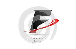 black grey F alphabet letter logo icon design with red swoosh. Creative template for company and business