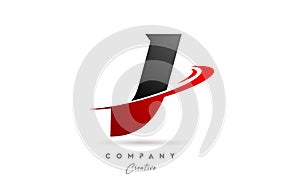 black grey J alphabet letter logo icon design with red swoosh. Creative template for company and business