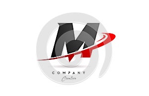 black grey M alphabet letter logo icon design with red swoosh. Creative template for company and business