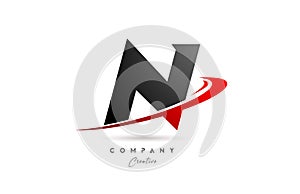 black grey N alphabet letter logo icon design with red swoosh. Creative template for company and business