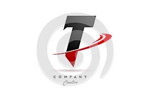 black grey T alphabet letter logo icon design with red swoosh. Creative template for company and business