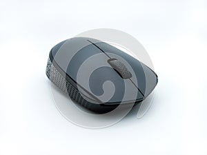 Black and Grey Wireless Computer Mouse Isolated On White Background. Three Quarters View