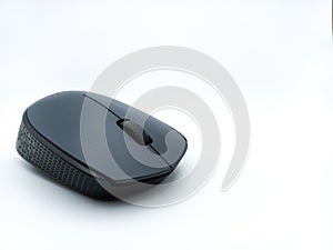 Black and Grey Wireless Computer Mouse Isolated On White Background. Three Quarters View With Negative Space