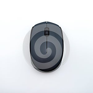 Black and Grey Wireless Computer Mouse Isolated On White Background. View From Above