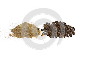 Black ground milled pepper and black pepper whole peas, side view, isolated on white background. photo