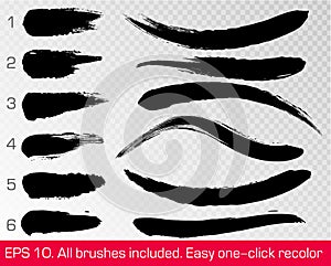 Black grunge brush strokes set isolated on white transparent background. Ink painting. Vector artwork. Dirty artistic design paint