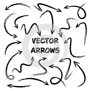 Black Grunge Hand Drawn Arrows Set on White Background. Arrow, Cursor Icon. Vector Pointers Collection. Back, Next Web