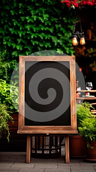 Black grunge menu frame board stand near outdoor cafe or restaurant. Blank store signage sign design mockup. Signboard